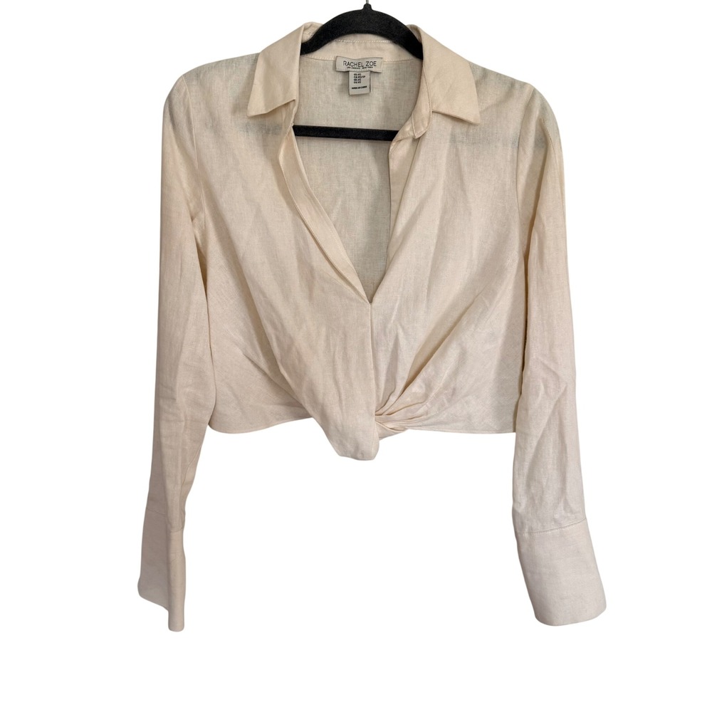 Rachel Zoe Cream Linen Blend Twist Front Cropped Blouse Top XS Ivory Long Sleeve
